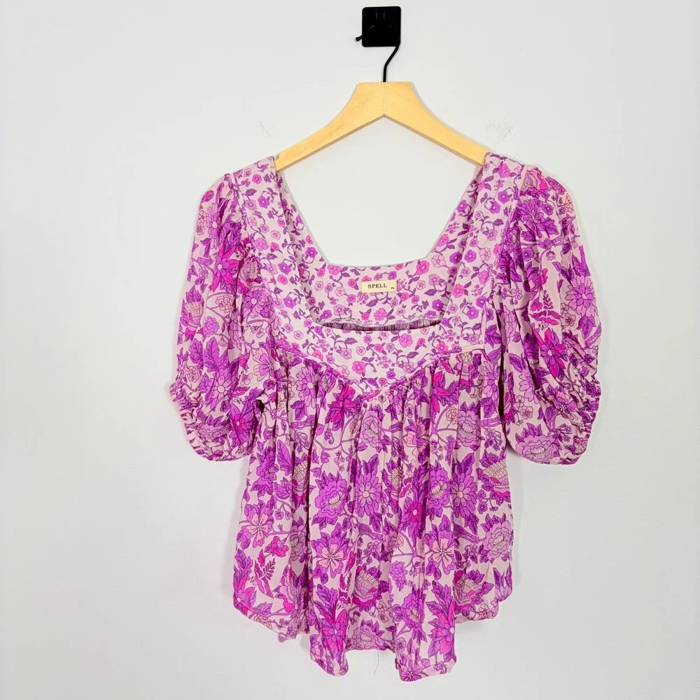 Spell Mossy Short Sleeve Blouse Purple Floral Boho Babydoll Top XS Cottagecore - Picture 2 of 6